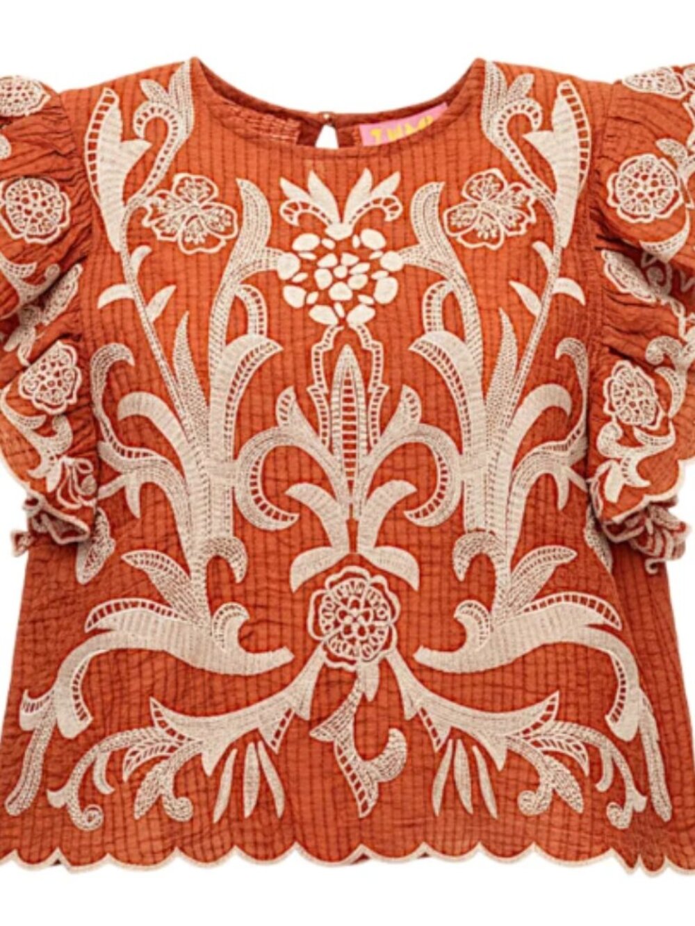 THML Burnt Orange Embroidered Ruffle Sleeve Top - Picture 6 of 6